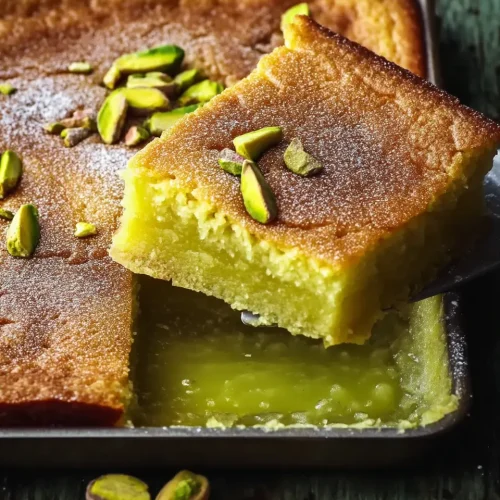 Hero shot of pistachio ooey gooey butter cake in baking dish with one slice being lifted to show gooey layers