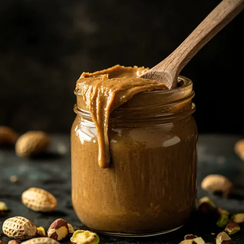 Ultimate Pistachio Peanut Butter 5 Homemade pistachio peanut butter in glass jar with wooden spoon and scattered nuts on dark background