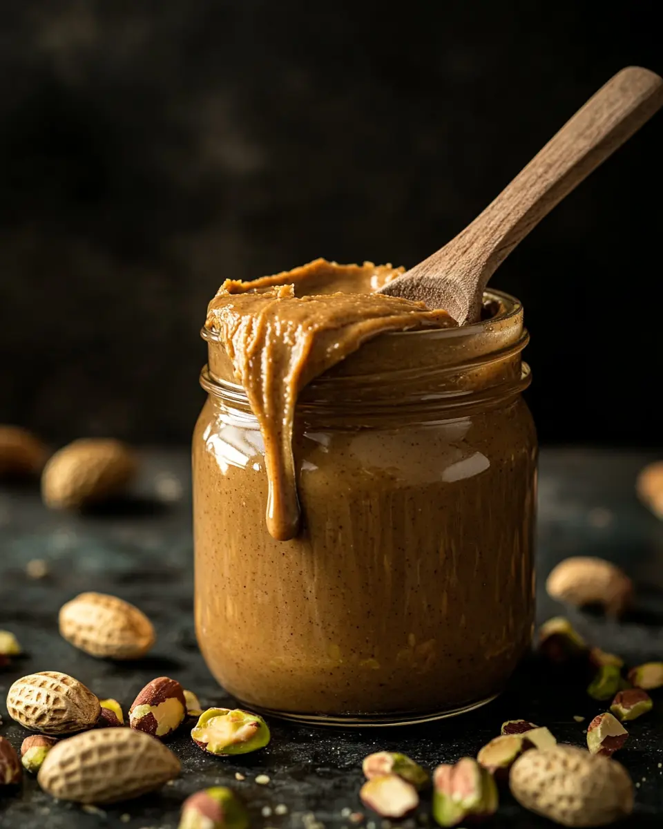 Ultimate Pistachio Peanut Butter 1 Homemade pistachio peanut butter in glass jar with wooden spoon and scattered nuts on dark background