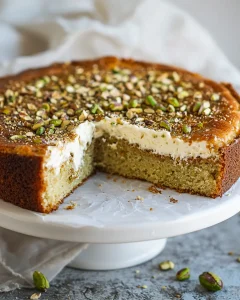 Whole pistachio cake with pistachio butter topped with crushed pistachios on a cake stand.