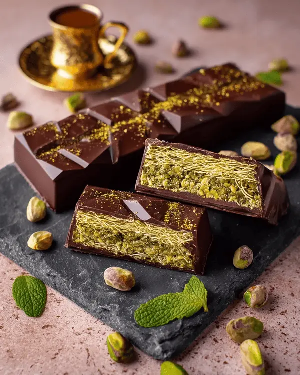 Dubai Chocolate Recipe with Pistachio Butter 4 Dubai chocolate bars with pistachio butter served on slate board with Turkish coffee showing cross-section of layered filling