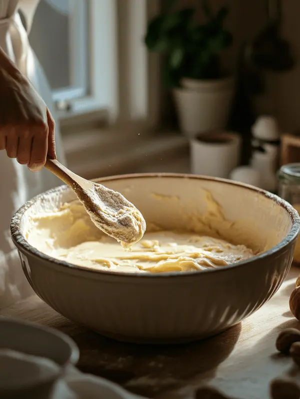 Pistachio Cake with Pistachio Butter 3 Folding green pistachio powder into cake batter in a warm kitchen setting.