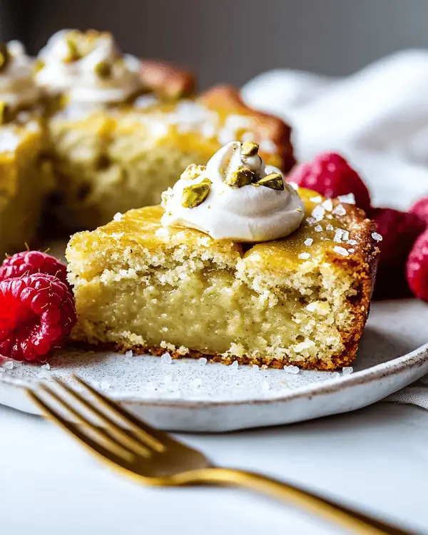 Pistachio Cream Gooey Butter Cake 4 A plated slice of pistachio cream gooey butter cake garnished with pistachios and berries.