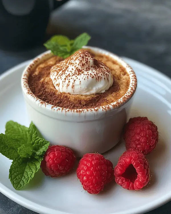 3 Ingredient Protein Powder Mug Cake 4 Chocolate protein mug cake topped with Greek yogurt and cinnamon, served with fresh raspberries and mint leaves on a white plate.
