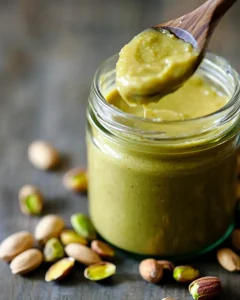 Glass jar of homemade sweet pistachio butter with wooden spoon and scattered nuts on rustic background