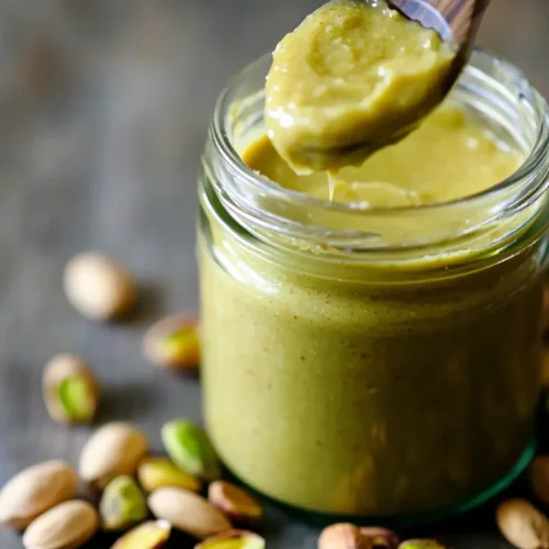 Sweet Pistachio Butter: Ultimate Spread Recipe 5 Glass jar of homemade sweet pistachio butter with wooden spoon and scattered nuts on rustic background