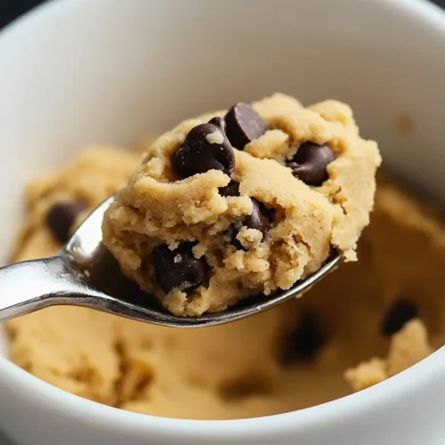 3 Ingredient Cookie Dough No-Bake 5 Spoonful of homemade 3 ingredient cookie dough no-bake with chocolate chips being lifted from white bowl in golden lighting
