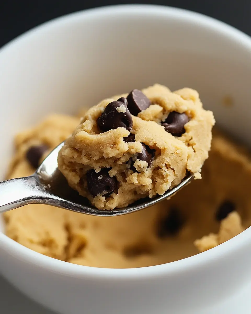 3 Ingredient Cookie Dough No-Bake 1 Spoonful of homemade 3 ingredient cookie dough no-bake with chocolate chips being lifted from white bowl in golden lighting