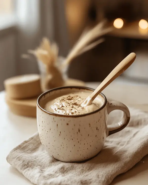 Mixing protein powder mug cake batter in ceramic mug with wooden spoon showing smooth consistency