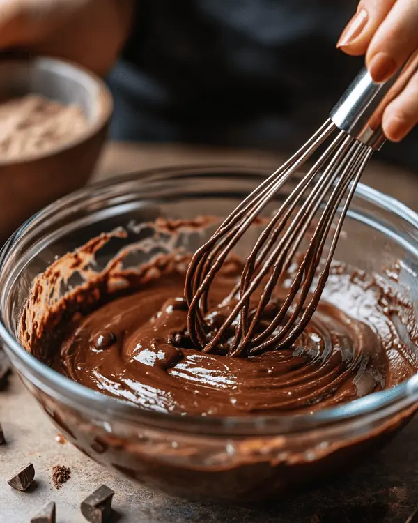Hot Cocoa Mug Cake 3 Hands whisking hot cocoa mug cake batter in a clear glass bowl, showing the smooth chocolate mixture being combined