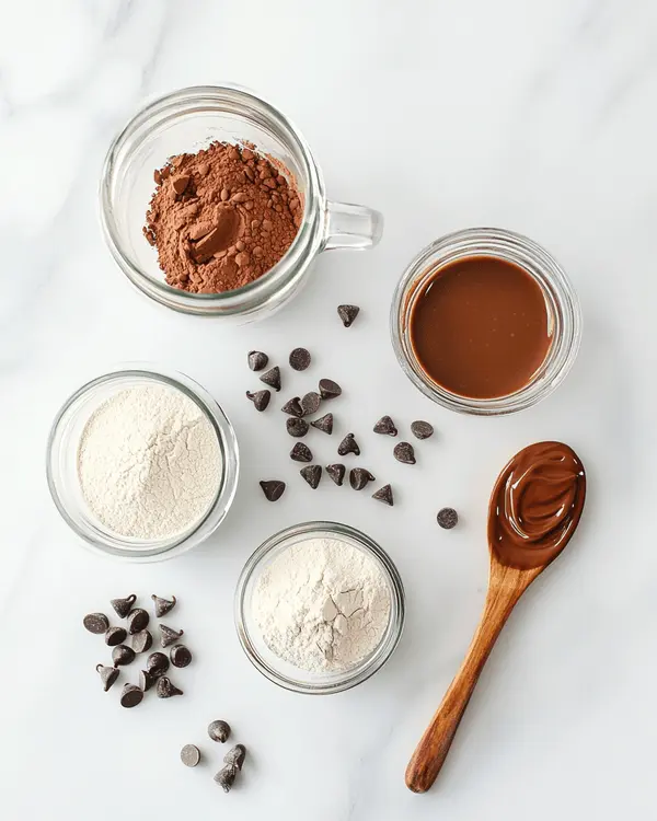Ultimate Almond Meal Mug Cake Recipe 2 Almond meal mug cake ingredients laid out on marble countertop including almond flour, cocoa powder, baking powder, maple syrup, almond butter, milk, and chocolate chips