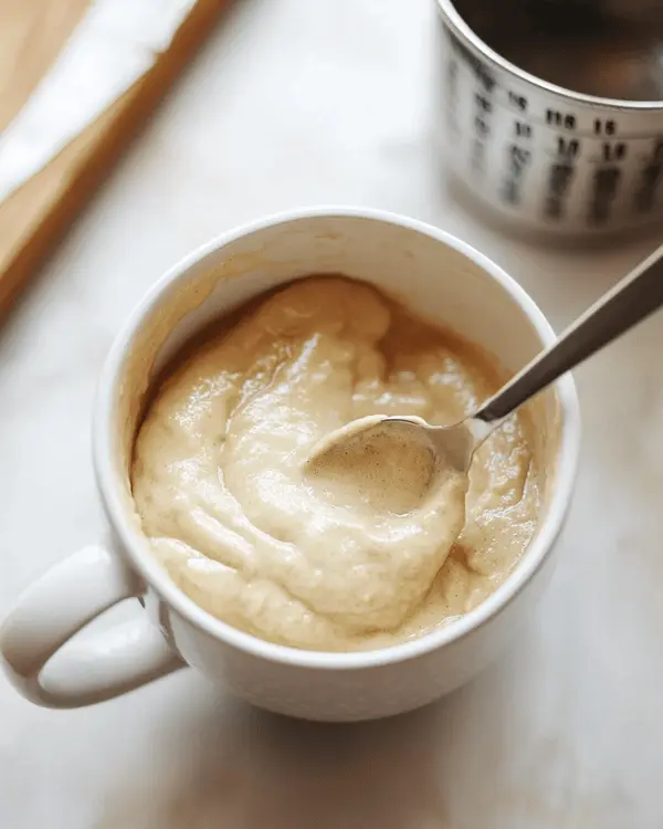 Pancake Mix Mug Cake 3 Pancake mix mug cake batter being mixed in a ceramic mug with a small spoon
