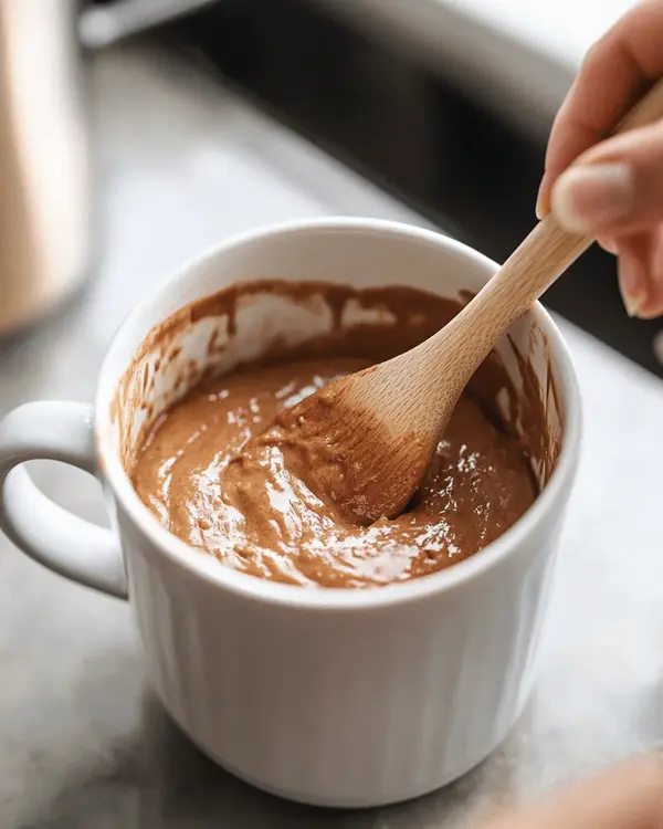 Hands mixing carrot cake mug cake batter in white ceramic mug showing smooth brown mixture with visible shredded carrots
