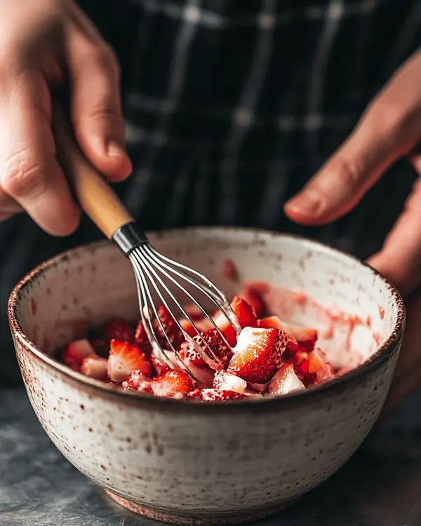 Strawberry Mug Cake 3 Hands whisking strawberry mug cake batter in ceramic mug with diced strawberries mixed in