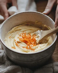 Hands mixing carrot cake batter in a ceramic mug with wooden spoon, showing the process of folding in shredded carrots for microwave mug cake
