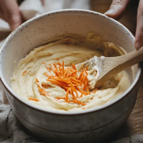 Hands mixing carrot cake batter in a ceramic mug with wooden spoon, showing the process of folding in shredded carrots for microwave mug cake