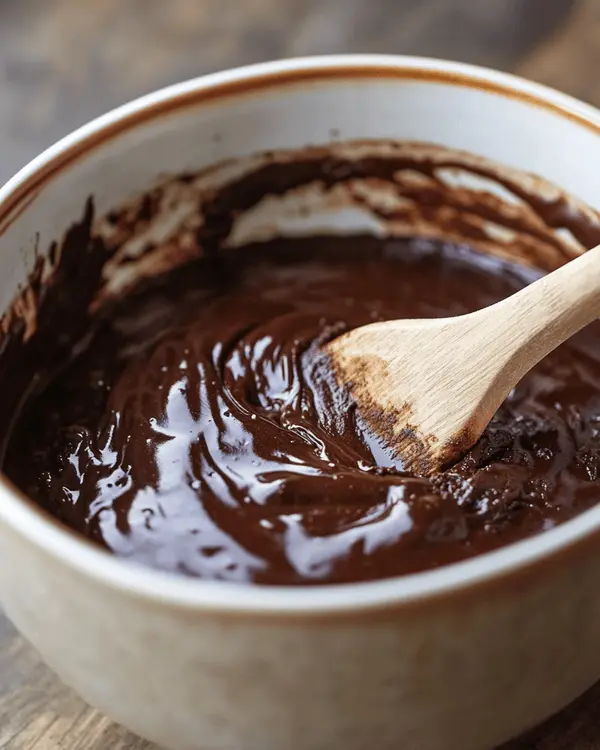 Kodiak Mug Cake Recipe 3 Mixing kodiak mug cake batter in large ceramic mug with wooden spoon, showing chocolate batter consistency