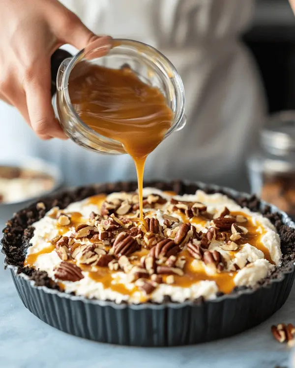 Mile High Ice Cream Pie 3 Hands layering dulce de leche ice cream into chocolate cookie crust and drizzling homemade caramel sauce over the layer in a springform pan