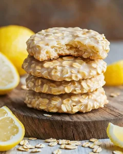 Stack of three lemon oatmeal no-bake cookies on rustic wooden board with fresh lemon wedges, showing the pale yellow color and oat texture