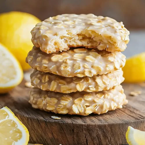 Stack of three lemon oatmeal no-bake cookies on rustic wooden board with fresh lemon wedges, showing the pale yellow color and oat texture