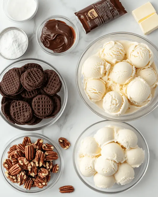 Mile High Ice Cream Pie 2 Ingredients for mile high ice cream pie including chocolate wafer cookies, dulce de leche ice cream, chocolate ice cream, toasted pecans, sugar, heavy cream, and butter arranged on white marble countertop
