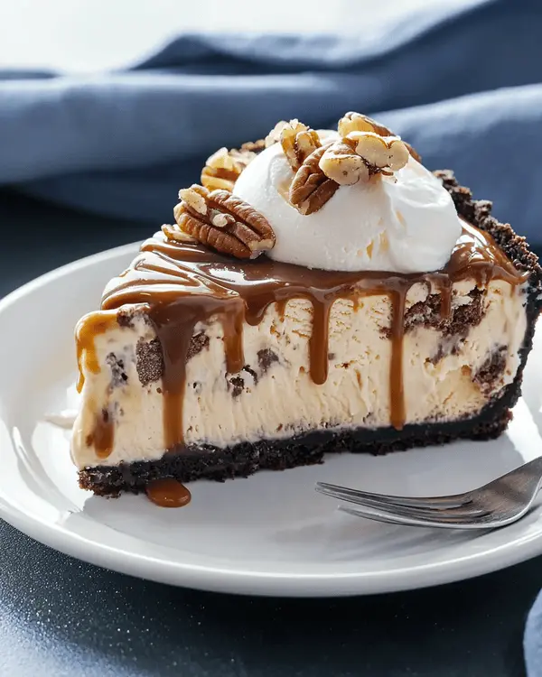 Mile High Ice Cream Pie 4 Elegant slice of mile high ice cream pie on white plate showing distinct layers of dulce de leche and chocolate ice cream with caramel sauce drizzle and whipped cream