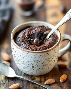 Hero shot of rich chocolate mug cake with almond meal with melted chocolate chips and fudgy texture in dramatic lighting