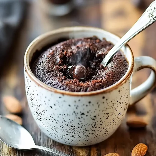 Hero shot of rich chocolate mug cake with almond meal with melted chocolate chips and fudgy texture in dramatic lighting