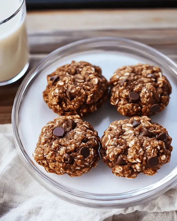 No Bake Lactation Cookies 4 Five round no bake lactation cookies with chocolate chips on white plate next to glass of milk on wooden table
