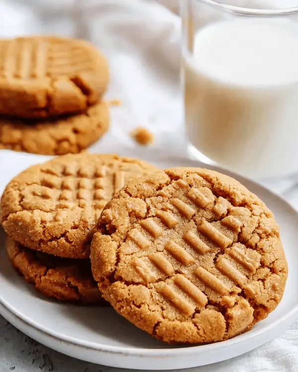 Stack of golden peanut butter air fryer cookies with crisscross pattern served on white plate with glass of milk