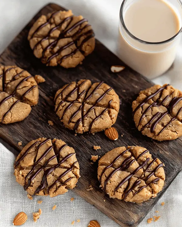 No-bake almond butter cookies with chocolate drizzle served on wooden board alongside a glass of almond milk