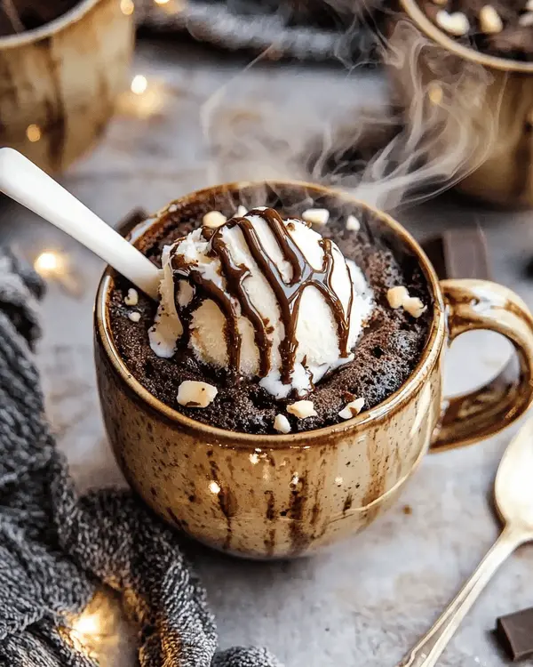 Hot Cocoa Mug Cake 4 Hot cocoa mug cake served in ceramic mug topped with vanilla ice cream and chocolate sauce on wooden table