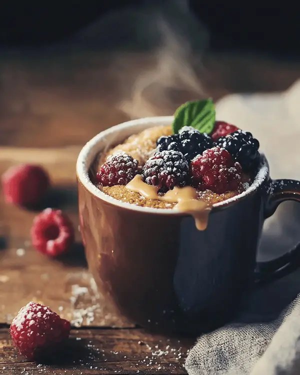 Warm protein powder mug cake served in ceramic mug topped with fresh berries and almond butter drizzle