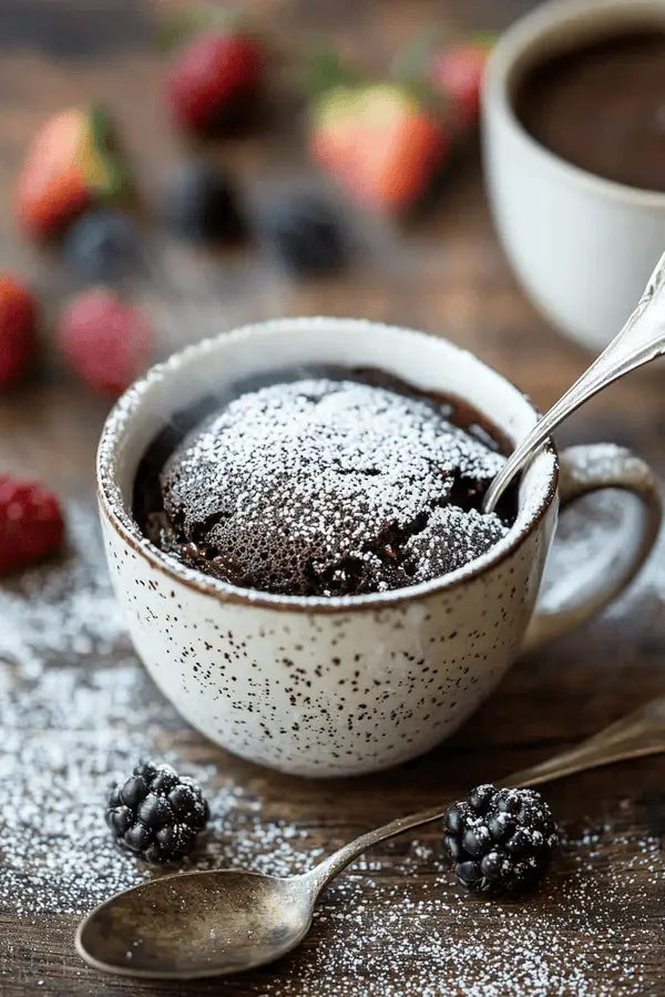 Mug Cake with Almond Meal 4 Finished almond meal mug cake dusted with powdered sugar, served with fresh berries and vintage spoon