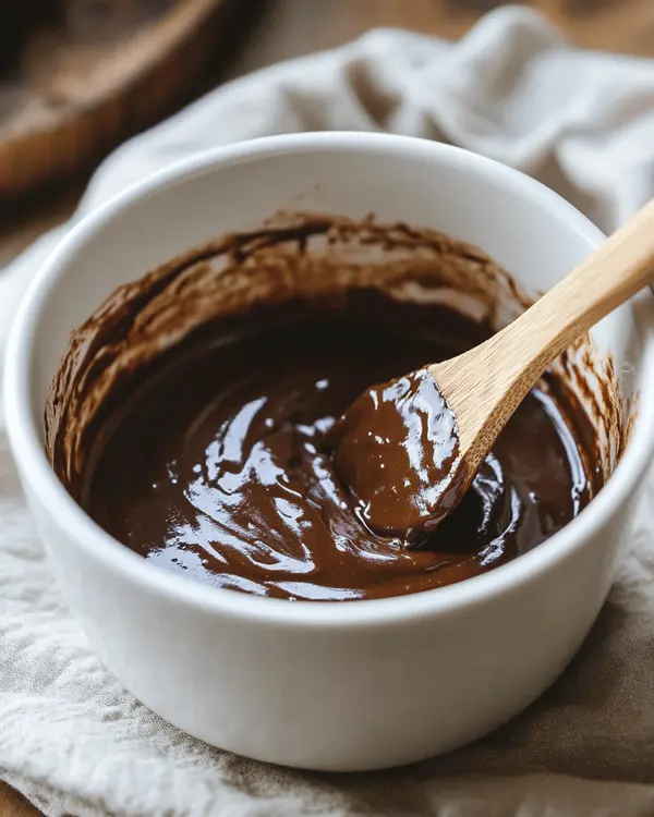 Ultimate Almond Meal Mug Cake Recipe 3 Mixing almond meal mug cake batter in white bowl with wooden spoon, showing smooth chocolate batter texture