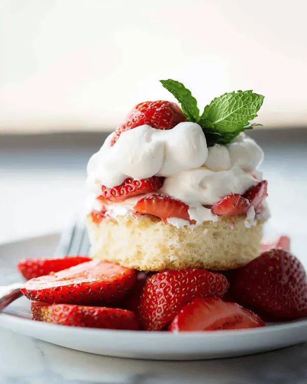 Strawberry Shortcake Mug Cake 4 Plated strawberry shortcake mug cake with fresh strawberries, whipped cream, and mint garnish on white plate