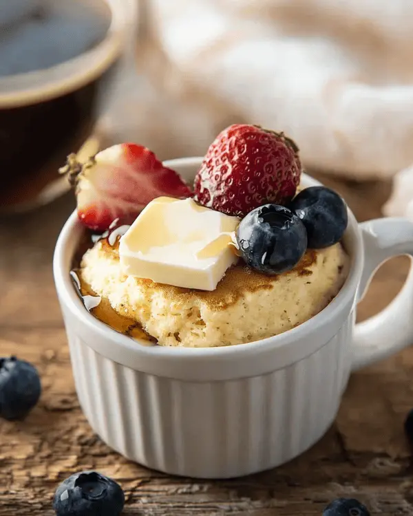 Pancake Mix Mug Cake 4 Finished pancake mix mug cake served in white mug with butter, maple syrup, and fresh blueberries on wooden table
