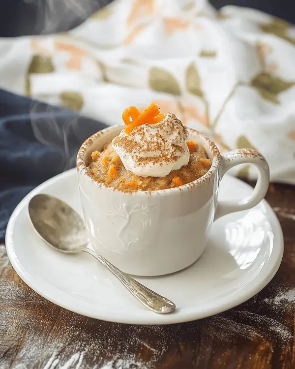 Finished carrot cake mug cake in white ceramic mug topped with cream cheese frosting, cinnamon dust, and carrot curl garnish on white plate
