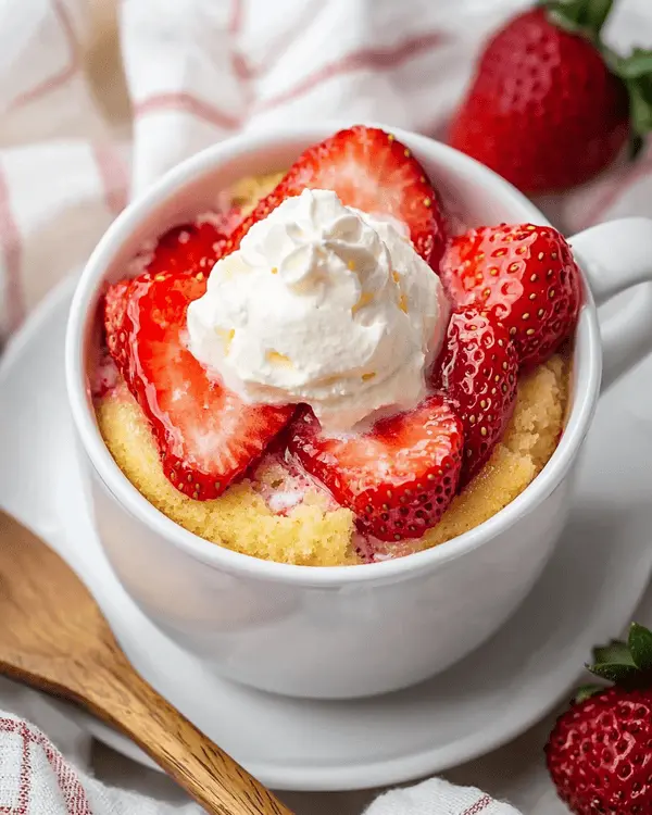 Strawberry Mug Cake 4 Finished strawberry mug cake in white mug topped with fresh strawberry slices and whipped cream