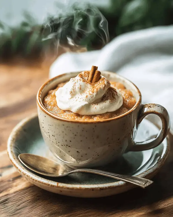 Carrot Cake in a Mug 4 Finished carrot cake in a mug topped with whipped cream and cinnamon dust, served on vintage saucer with small spoon in cozy coffee shop setting
