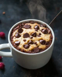 Hero shot of almond meal mug cake in white ceramic mug with melted chocolate chips and steam rising, dramatic lighting