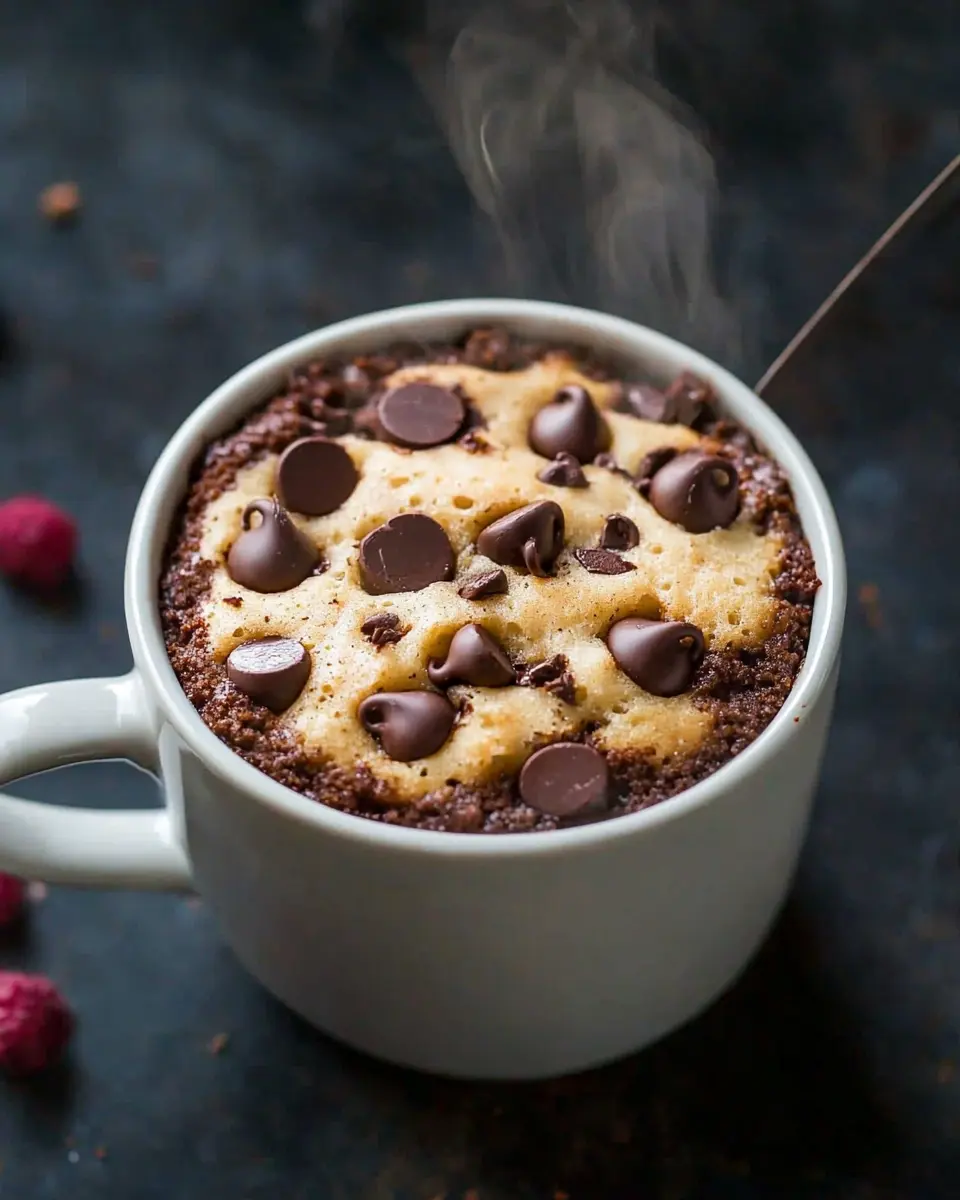 Ultimate Almond Meal Mug Cake Recipe 1 Hero shot of almond meal mug cake in white ceramic mug with melted chocolate chips and steam rising, dramatic lighting