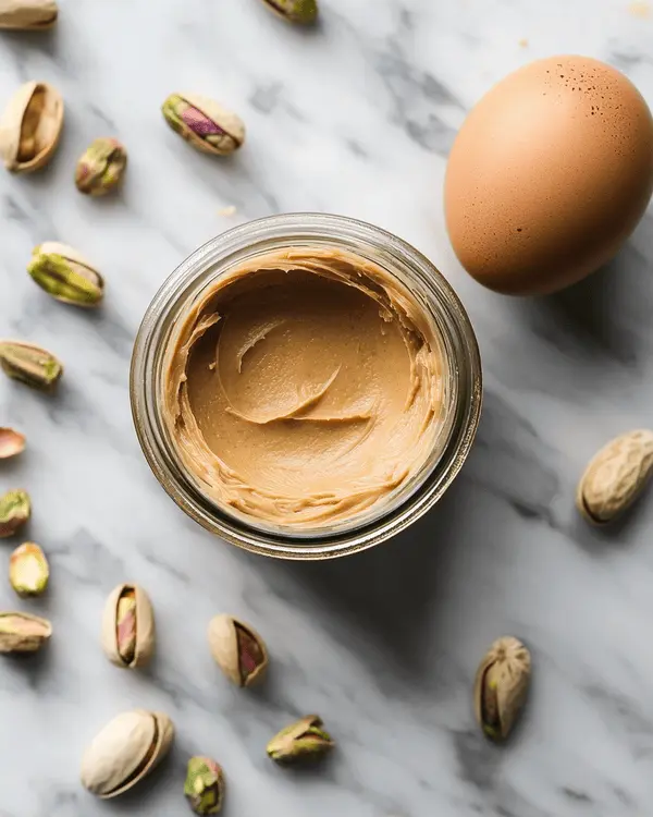 Ingredients for 3-ingredient pistachio peanut butter cookies: peanut butter jar, fresh pistachios, and egg on marble counter