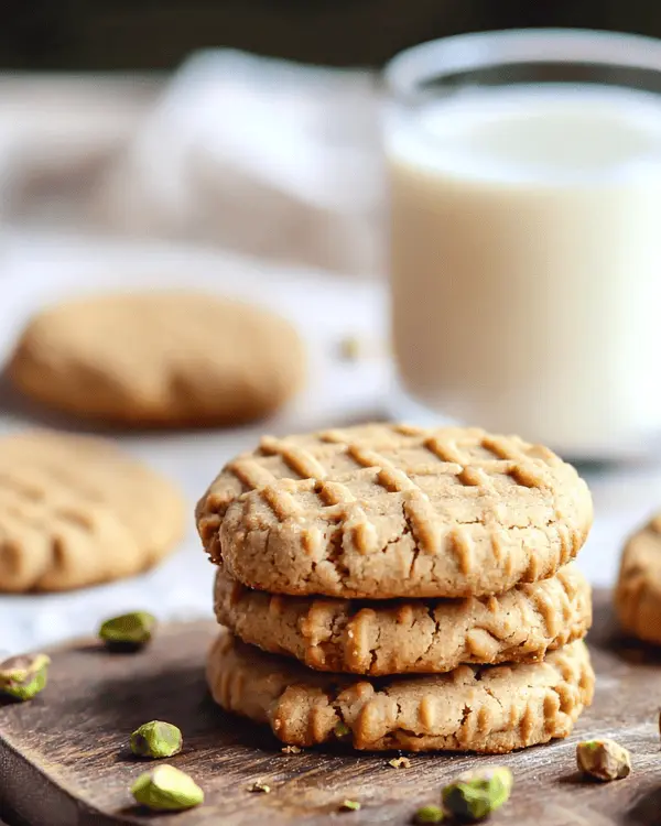 Stack of freshly baked pistachio peanut butter cookies on wooden plate with glass of milk