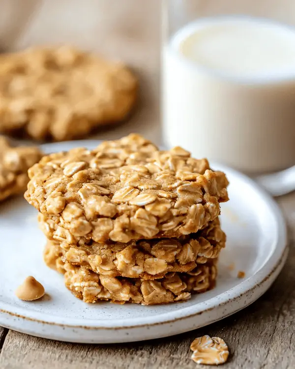 Ultimate Oatmeal Butterscotch No Bake Cookies 4 Stack of three oatmeal butterscotch no bake cookies on white plate with glass of milk showing the cookies' chewy texture