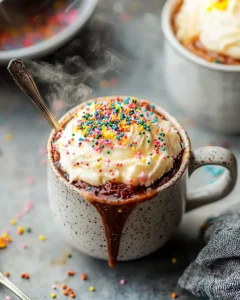 Professional photo of ultimate cake mix mug cake recipe with frosting and sprinkles in ceramic mug