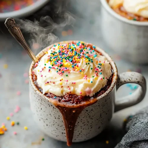 Professional photo of ultimate cake mix mug cake recipe with frosting and sprinkles in ceramic mug