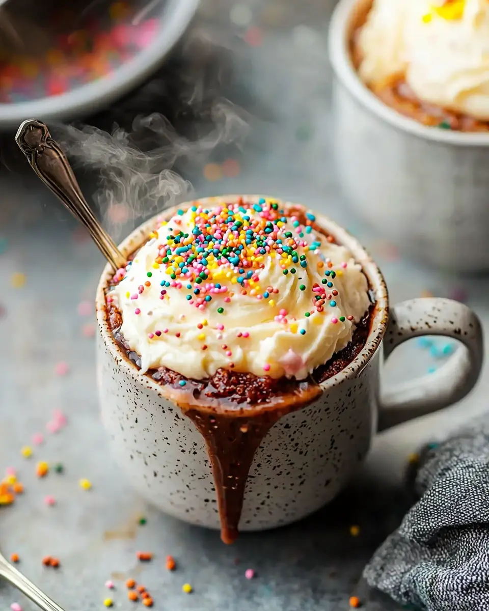 Cake Mix Mug Cake Recipe 1 Professional photo of ultimate cake mix mug cake recipe with frosting and sprinkles in ceramic mug