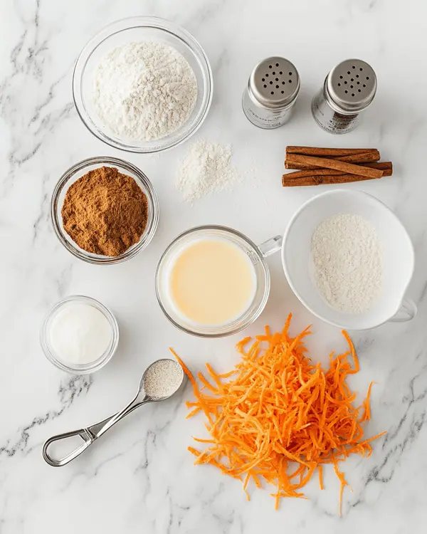 Overhead view of carrot cake mug cake ingredients including melted butter, brown sugar, vanilla, milk, flour, baking powder, cinnamon, and shredded carrots arranged on marble countertop
