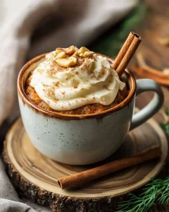 Hero shot of carrot cake in a mug with cream cheese frosting, chopped walnuts, and cinnamon stick garnish on rustic wooden table with warm moody lighting